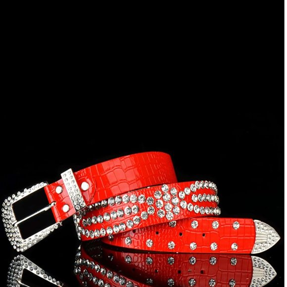 Vegan Red Faux Crocodile Embossed Rhinestone Belt - Picture 3 of 4